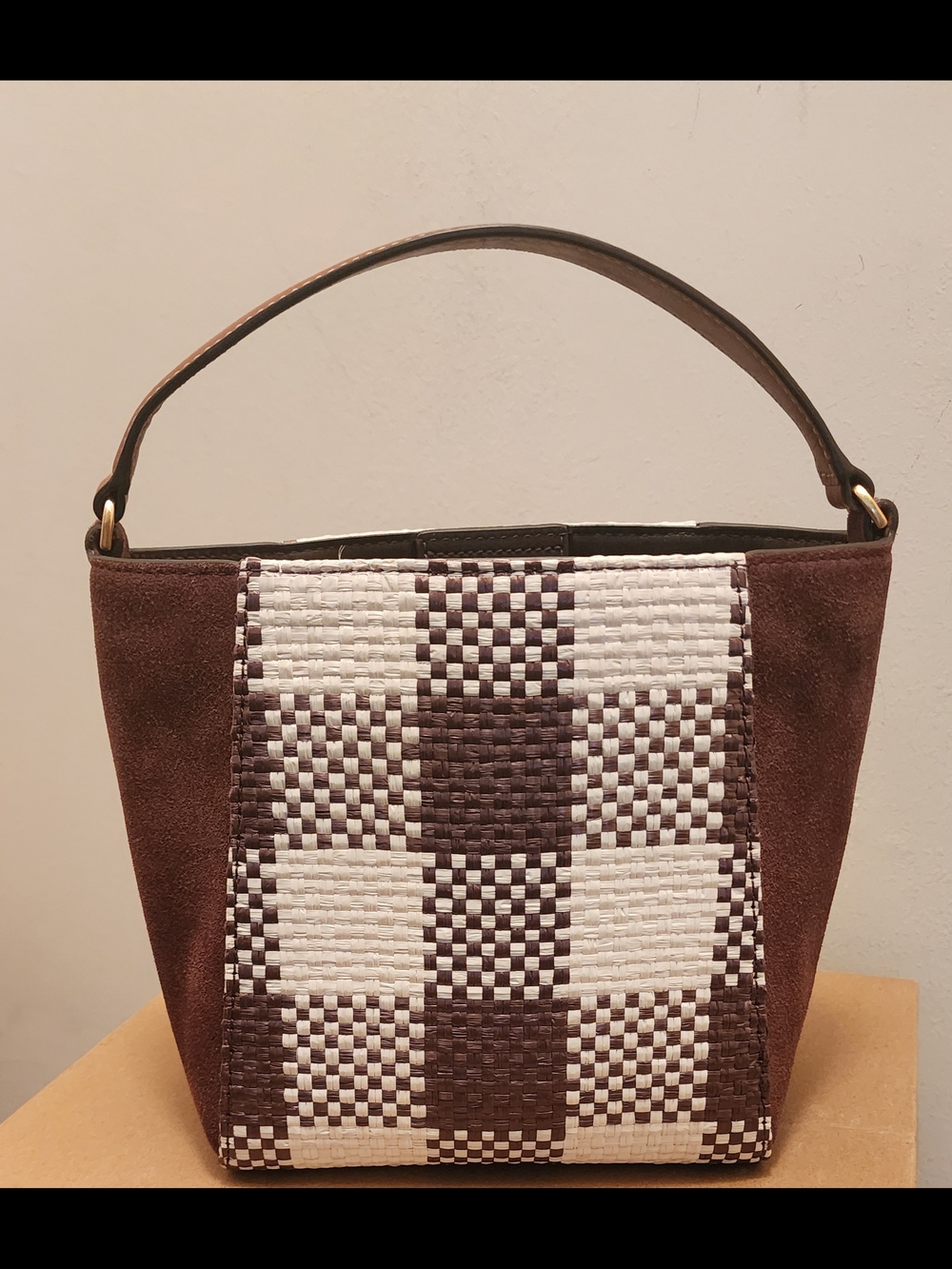 Tory Burch Brown & Cream Check Woven Suede Top-Handle Bag - Picture 2 of 3